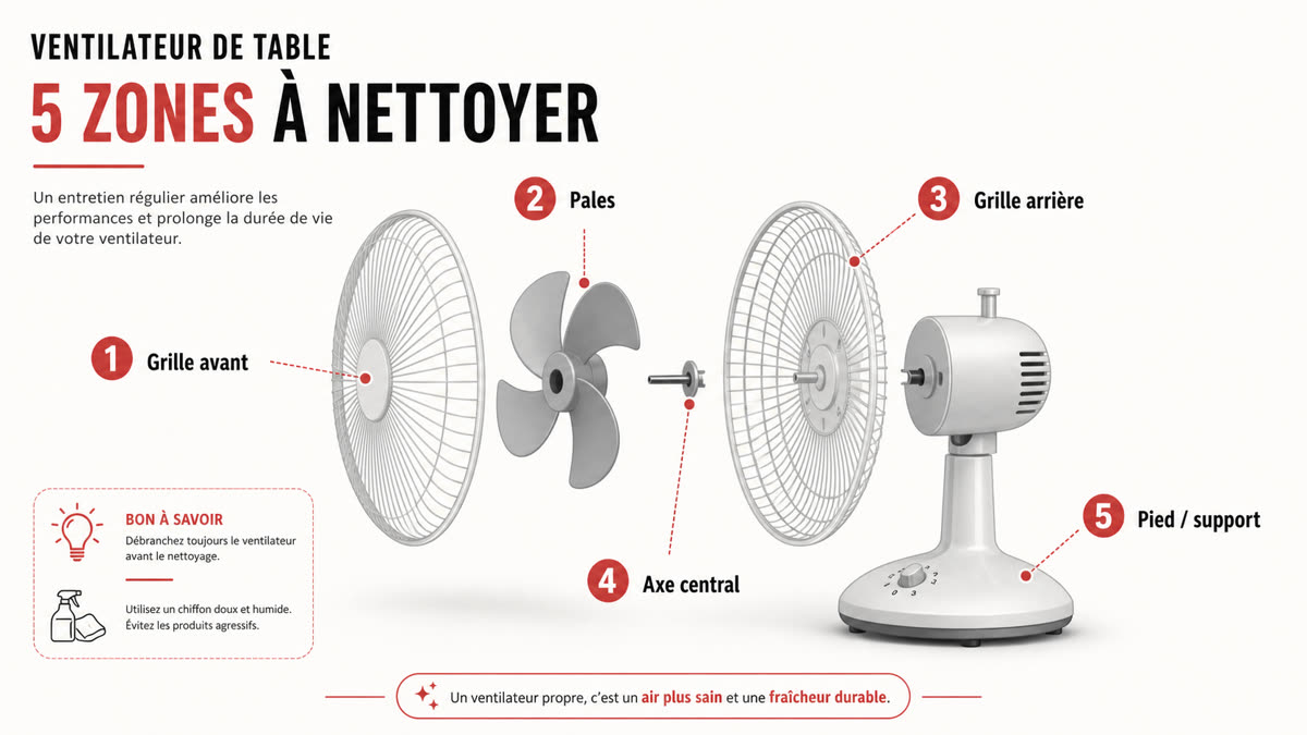 Schéma des zones à nettoyer sur un ventilateur